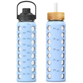MUKOKO Glass Water Bottles,32oz Glass Tumbler with Straw,Drinking Bottles with 2 Lids-Handle Spout Lid&Bamboo Straw Lid,Motivational Water Bottle with Time Marker and Silicone Sleeve,1 Pack-Glacier