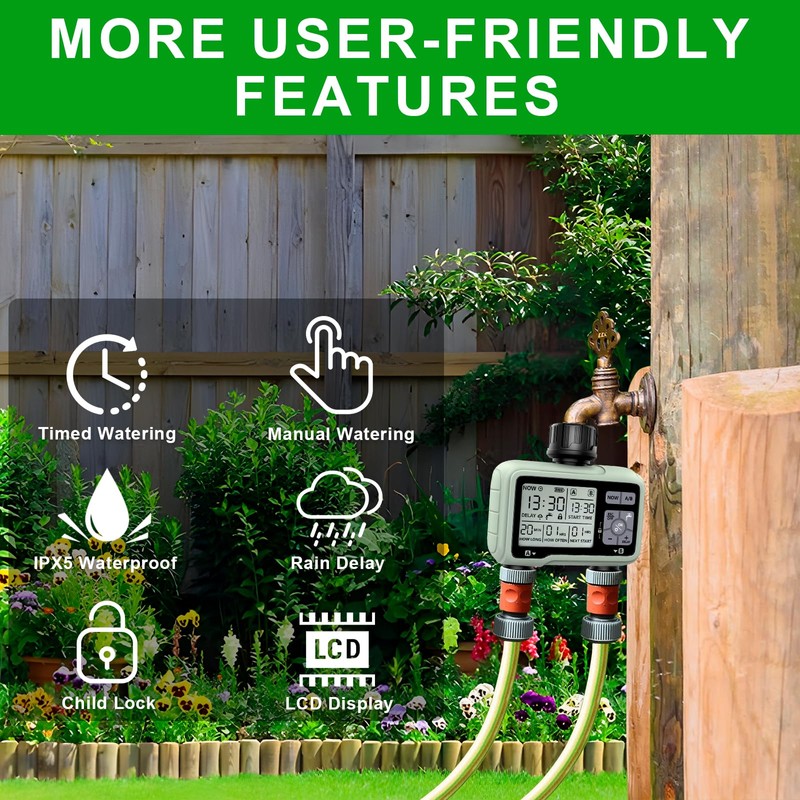 Irrigation Computer with 2 Independently Controlled Outputs, Digital Watering Timer