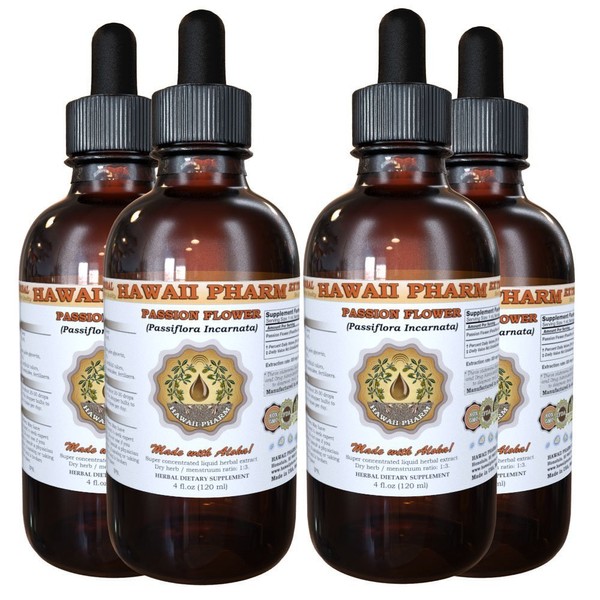 HawaiiPharm Passion Flower (Passiflora Incarnata) Liquid Extract, Tincture, Herbal Supplement, Made in USA, 4x4 fl.oz