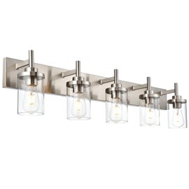 QueeuQ Brushed Nickel Bathroom Vanity Light Fixtures Over Mirror 5 Lights Bathroom Wall Lighting Fixtures with Clear Glass Shade Wall Mount Lighting Sconce for Farmhouse Living Room Bedroom Hallway