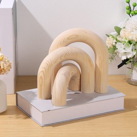 3Pcs Wood Arch Bookshelf Decor - Decorative Objects With Aesthetic Design for Shelf, Coffee Table, Home Living Room - Modern Bookshelf Décor (Original Wood Color)