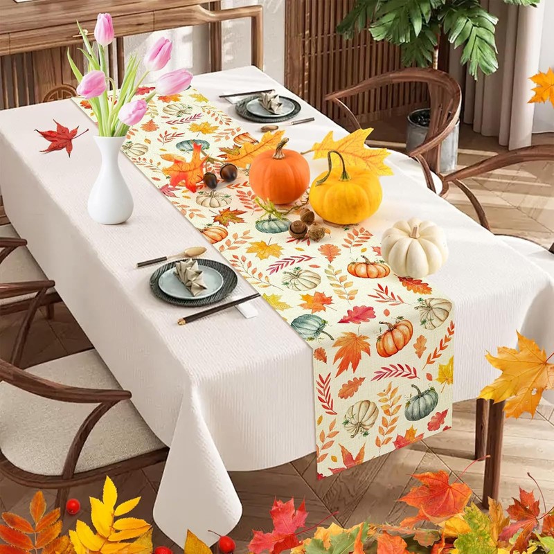 FurniGift Pumpkin Buffalo Plaid Fall Table Runner, Fall Maple Leaves
