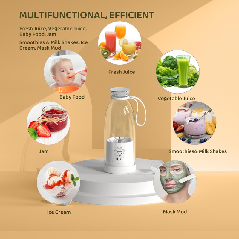 Buzveuya Portable Blender, Personal Smoothie Maker with 6 Blades, Rechargeable