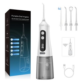 9 Modes IPX7 1800rpm 350ml Portable Oral Irrigator Water Flosser USB Rechargeable Water Jet Floss Tooth Pick 4 Jet Tips travel cleaning kit - Color: White