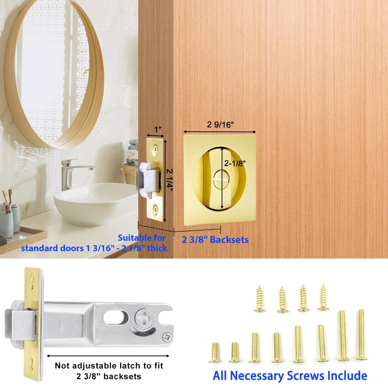 Dontay Pocket Door Privacy Lock, Flush Handles, 2-3/8" Backset, (Bed/Bath)