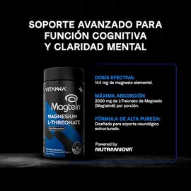 Magnesio L-Treonato Magtein 2000 mg | Suplemento para Memoria y Concentración | Magnesio de Alta Absorción | Apoyo Cognitivo y Bienestar Mental |180 C