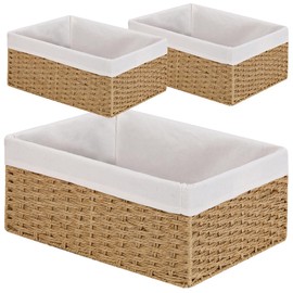 Wicker Storage Basket, Vagusicc 3-Pack Woven Paper Rope Wicker Baskets with Handles, 15 Inch Large Cube Storage Bins Storage Basket with Liners Baskets for Shelves Organizing & Decor, Natural