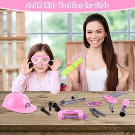 deAO Children's Tool Box, Children's Tool Set, 39 Pieces Tool Set for Children, Electric Toy Drill Screwdriver Children's Toy from 3 4 5 6 7 Years Boys Girls Children (Pink)