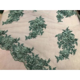 wowfabric4less123 Sea Foam Embroidery Rhinestone Beads Lace Fabric 50” Width Sold By The Yard