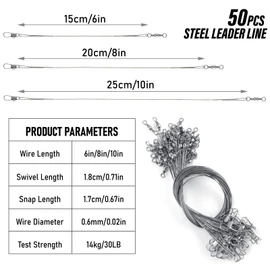 Alwonder 50-Pack Fishing Leaders, Fish Line Stainless Steel Wire with Swivel Snap, High-Strength 30LB Hi-Low Rig Fishing Wire Leader Fishing Tackle Gear Connector for Lures Baits Rigs Hooks Silver 8IN