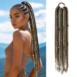 Long Boho Braided Ponytail Extension with Hair Ties, 24" Viking Dreadlock Ponytail Extension, Hand-braided Soft Braided Ponytail Extensions Synthetic Hair for Women Brown with White