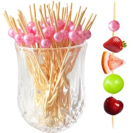 Cocktail Picks,100 Pcs Pink Toothpicks for Appetizers, Natural Bamboo Cocktail Skewers Sticks,Decorative Pearl Toothpicks, Fancy Food Picks for Drinks, Fruit,Charcuterie,Wedding Party toothpicks