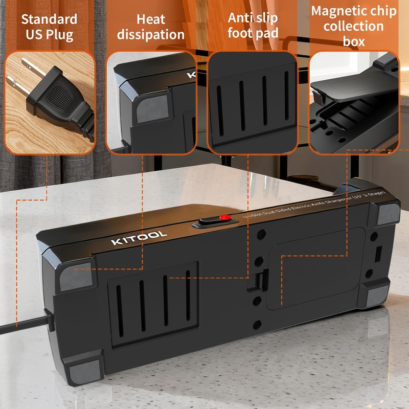 KITOOL Electric Knife Sharpener, Dual-Sided 3-Stage Sharpener with 100% Diamond