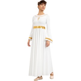 Sanmsoner White Praise Dance Dresses for Women Long Sleeve Liturgical Dress with Lining Metallic Block(238105-07-XL)