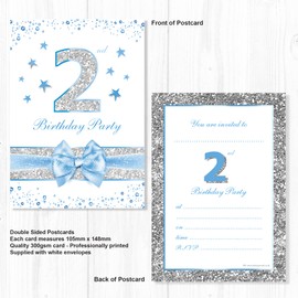 Olivia Samuel 20 x 2nd Birthday Party Invitations from Baby Boy Blue Sparkly Design and Photo Effect Silver Glitter - A6 Postcard Size with envelopes