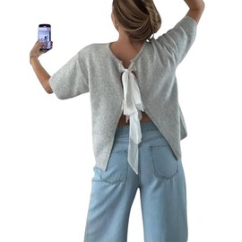 MINSURE Bow Tie Front Cardigan Sweaters for Women 2025 Fall Short Sleeve Crewneck Knit Tops Cute Going Out Outfits(LightGrey-S)