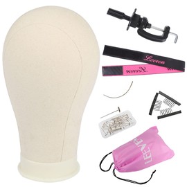 Leeven Leeven 21"-24" Poly Canvas Block Head Professional Mannequin Canvas Head for Making, Drying,Styling Wigs with Table Clamp Stand and Hair Edge Band 22 Inch
