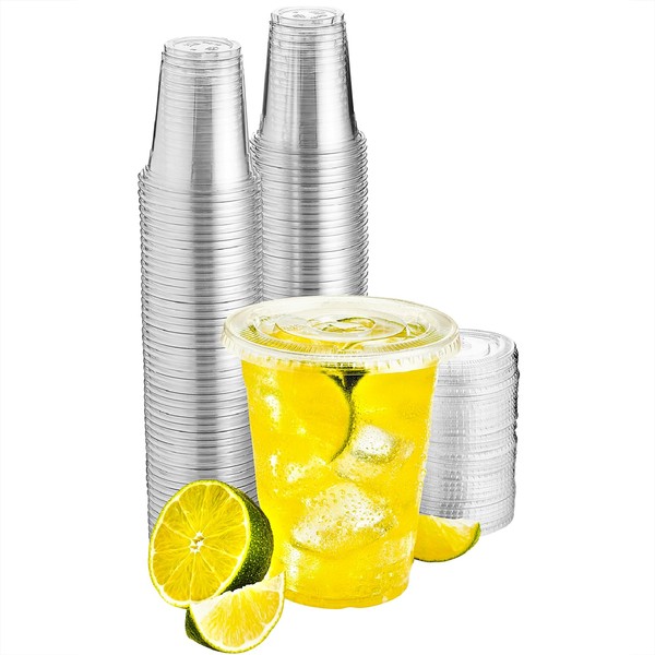 Clear Cups With Lids / 12 oz. Clear Plastic Cups with Lids / Clear Disposable Cups / Ice coffee cups & Bubble Boba Tea Cups / Cup with Lid for Cold Drinking & Smoothie Pack of 100