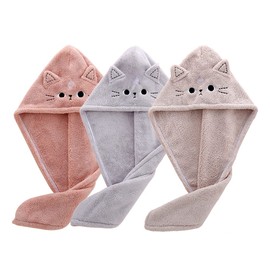 BATTILO HOME 3pcs Microfiber Hair Drying Towels for Kids-Super Absorbent Hair Turban Towel with Button Design-Cute Cat Quick Dry Hair Turban Drying Cap Wrap Curly Long Hair