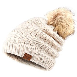 C.C Hatsandscarf Exclusives Unisex Solid Ribbed Beanie with Pom (HAT-7392-POM) (A Beige-Tilted Stitch)