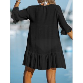 CUPSHE Women's V Neck Ruffled Cover Up Button Down Bathing Suit Beach Dress with Short Sleeves Black M