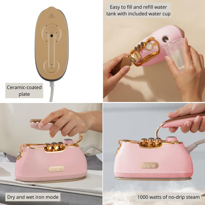 SALAV® Retro Handheld Garment Steamer + Iron, Ceramic Steam Plate,