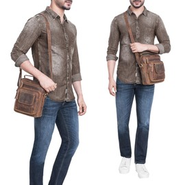 ROYALZ 'Fargo' Compact Genuine Leather Everyday Bag for Men - Shoulder Bag Men's Small Leather in Vintage Look - Small Leather Bag for Hanging 11 Inch Tablet Bag, Nevada Brown, S