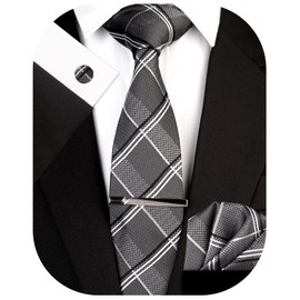 SIILLKEVIN Plaid Men's Tie Silk Necktie and Pocket Square Cufflink Tie Clip Set Silver Grey Check Prom Graduation