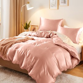 Vonty 3-Piece Silky Satin Duvet Cover Set Full/Queen Size Duvet Cover, Organic Natural 400TC Rose Gold Duvet Cover Set - Luxury & Sexy Bedding Duvet Covers with Zipper Closure(No Comforter)