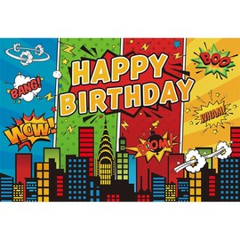 7x5ft Superhero Cityscape Backdrop Skyline Buildings Super City Boom Blue Red Photography Background Kids Boys Birthday Banner Party Baby Shower Superhero Theme Decorations Portraits Photo Props