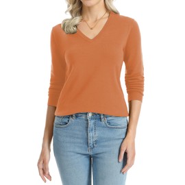 QUALFORT Sweaters for Women V Neck Long Sleeve Pullover Sweater Knitwear Orange Small