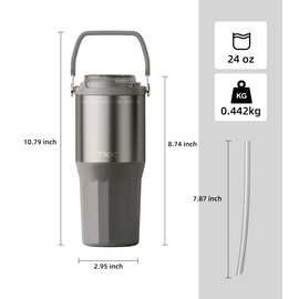 TKK 24 oz Ceramic Coated Tumbler with Straw Lid, 18/10 Stainless Steel Vacuum Tumblers, Leakproof Double Walled Iced Car Cup with Handle & Tea Infuser& Dishwasher Safe, for Hot & Cold Drinks, Grey