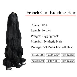 9 Packs 16inch French Curl Braiding Hair Pre Stretched Hair Extensions Premium french curly braiding hair expression french curls crochet hair (Black/1B)