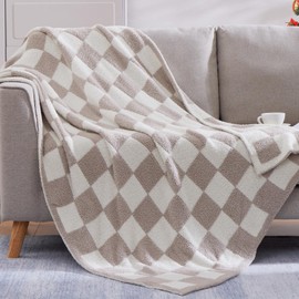WRENSONGE Checkered Throw Blanket, Taupe Microfiber Soft Cozy Fluffy Warm Hand Made Throw Blankets for Couch, Sofa, Chair, Bed, Camping, Picnic, Travel Lightweight Bed Blanket - 60"*80"