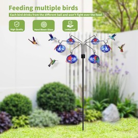 Pozfun Decorative Hummingbird Feeders for Outdoors Hand-Blown Glass Hummingbird Feeders Stand 6 Feeding Stations Never Leak Garden Decor Backyard,Gifts for Women Mom (Dotted Blue)
