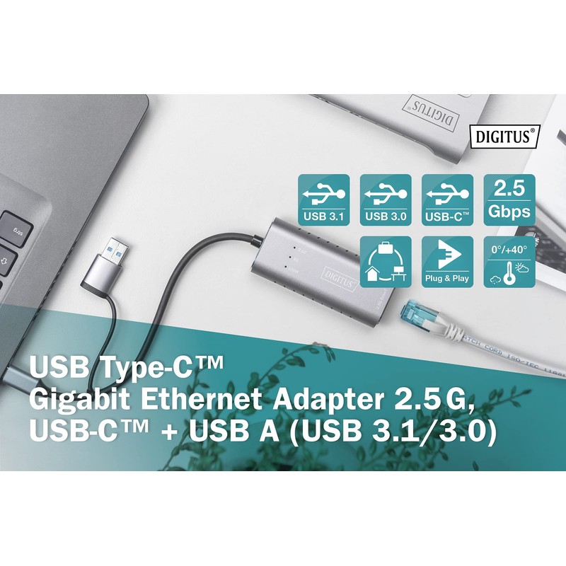 DIGITUS DN-3028 USB Type-C™ Gigabit Ethernet Adapter 2.5G, USB-C™ +
