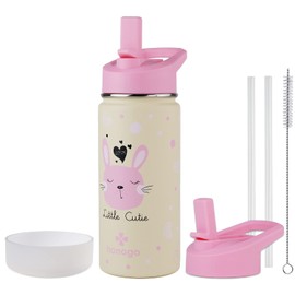 honogo 16 oz Stainless Steel Insulated Kids Water Bottle, Leak Proof Metal Thermal Flask with Straw lid, Cute Toddler Tumbler Cup for School Girls & Boys (Pink, Bunny)