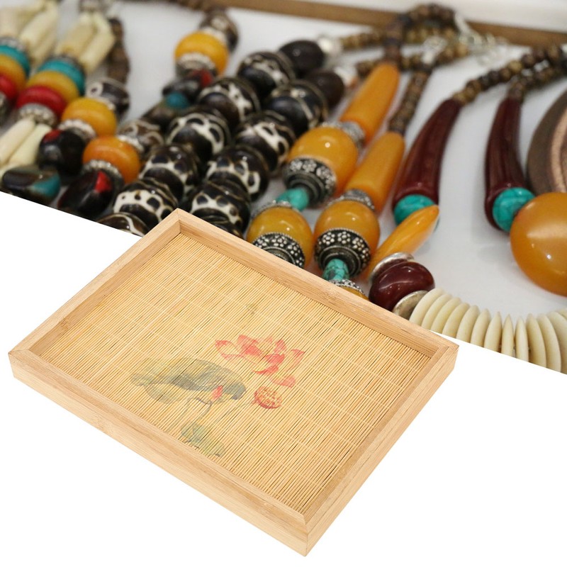 Bamboo Woven Jewelry Display Tray Vintage Necklace Bracelet Earrings Holder