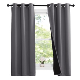 NICETOWN 100% Blackout Short Curtains with Black Liners, Solid Thermal Insulated Full Blackout 2-Layer Lined Drapes, Energy Efficiency Window Draperies for Bedroom (2 Panels, 37" W by 63" L, Grey)