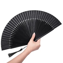 Qianyu Black Folding Hand Classic Style Fan Foldable Chinese Japanese Style Summer Handheld Vintage Fan for Hot Flash Church Decoration EDM Music Festival Dance Party Performance Gift