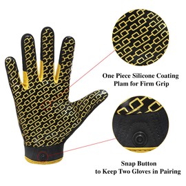 HANDLANDY Youth American Football Gloves, Sticky Wide Receiver Gloves for Kids & Adult, Black and Gold Stretch Fit Football Gloves (Youth L&Adult S)