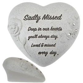 Sadly Missed Memorial Heart Ornament with Diamantes & Embossed Roses – Stone-Effect Standing Grave Decoration with Inscription – Graveside, Cemetery & Garden Remembrance Tribute Keepsake