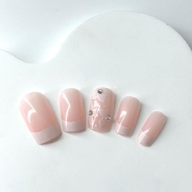 24pcs Girls Press on Nails Short Square French Tip Fake Nails Pink Glue on Nails Flower False Nails with Design Cute Acrylic Nails Full Cover Glossy Stick on Nails Artificial Nails for Women Girls