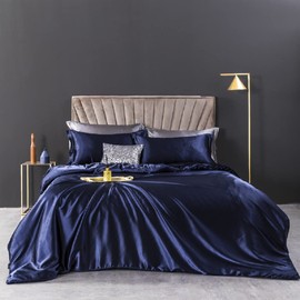 Lanqinglv Double Duvet Cover Set Navy Blue Silky Satin Luxury Bedding Set Double Bed Smooth Shiny Quilt Cover 200x200cm with Zipper Closure and 2 Pillowcases 50x75cm