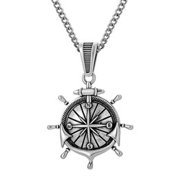 murtoo Compass Necklace for Men and Women, Antique Silver Vintage Stainless Steel Chains Necklace with Compass Pendant Unique Gifts for Men (anchor, 18+2 inch)