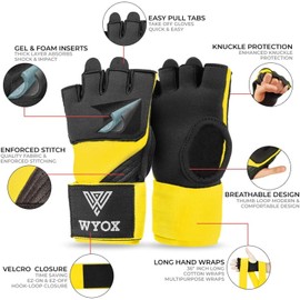 WYOX Boxing Hand Wraps for Men & Women – Quick Wrap Inner Gloves with Knuckle Padding, 36 inches Wrist Support for Boxing, Muay Thai & Kickboxing (Yellow, L/XL)