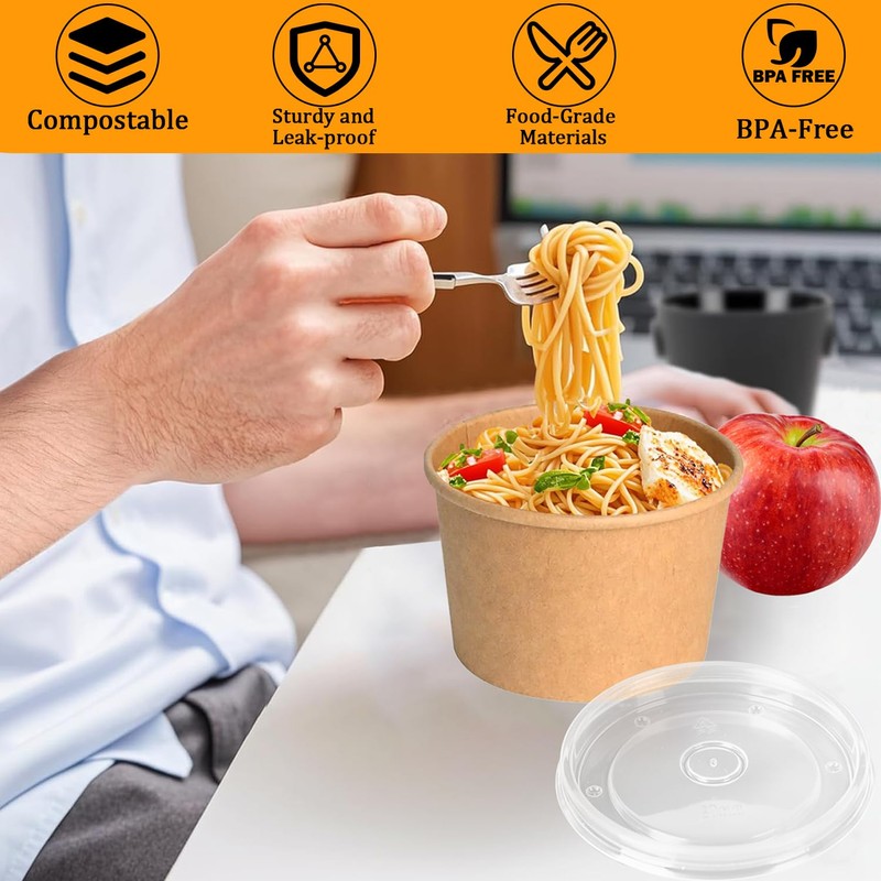 Disposable Paper Soup Bowls with Lids, 8 OZ, 75 Pack