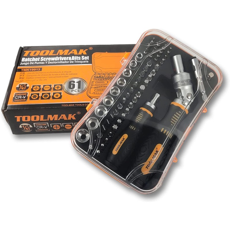 TOOLMAK 61pcs Ratcheting Screwdriver Set,Socket Set,Precision Screwdriver Bit Set with