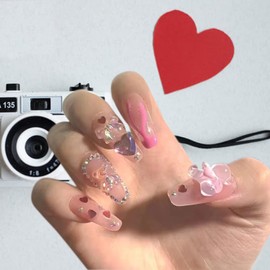 Heart False Nails Nude Medium Artificial Nails for Gluing, 24 Pieces Glossy Fake Nails Bow Diamond Designs Press On Nails Ballerina Full Cover Coffin False Nails for Women and Girls
