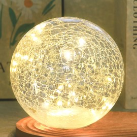 Crackle Globe LED Lamp Battery Operated, Lighted Glass Orb for Festival Christmas Decoration, Gold Mercury Glass Ball Light for Living Room Indoor, Glowing Night Light Ball Lamp, Sphere Table Lamp